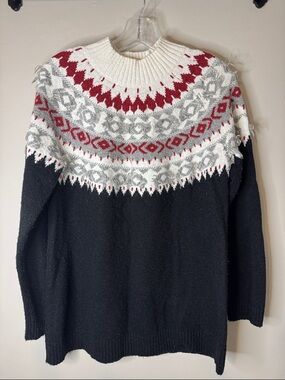 J. Jill Black Fair Isle Turtleneck Sweater with Red and Gray Yoke M